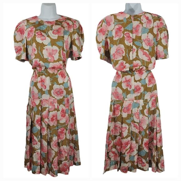 Vintage 70's Drop Waist Pleated Satiny Floral Dress Size Small - Picture 10 of 10